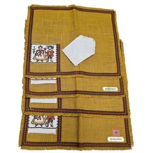 Indanthren Reinleinen Vintage MCM German 4 Placemats Embroidered Folk Art Fringe